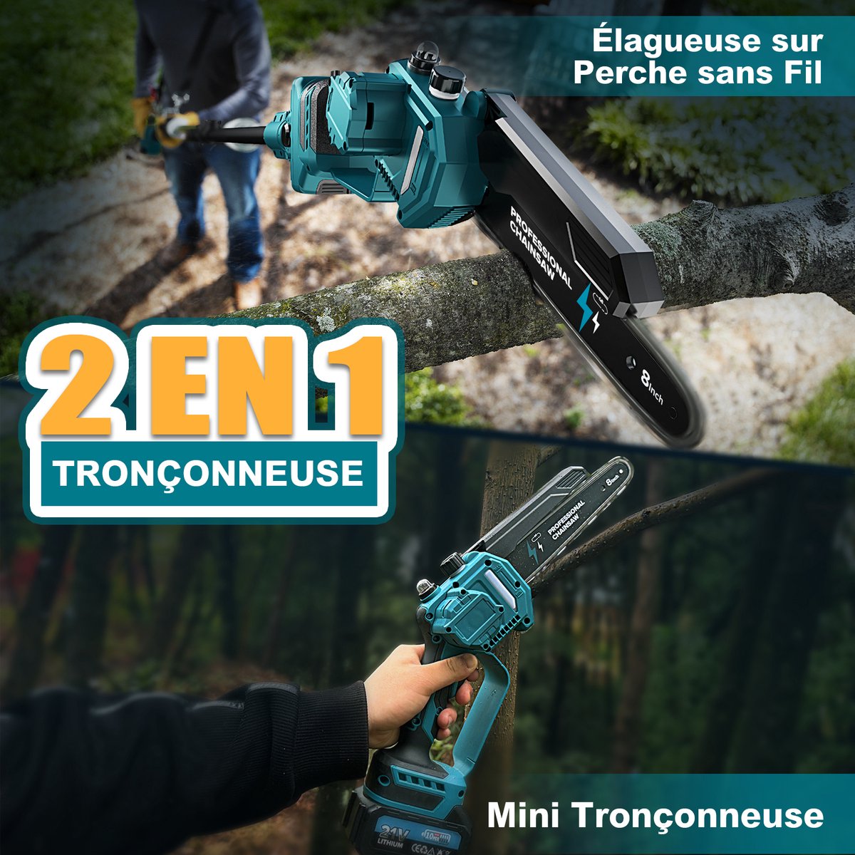 2-In-1 8 Inch Mini Accu Kettingzaag Met Telescoopsteel, Borstelloze Telescoopkettingzaag Van 1200W Met 2 Accu'S, Olietank Van 50 Ml, Werkbereik 4 M thumbnail 5