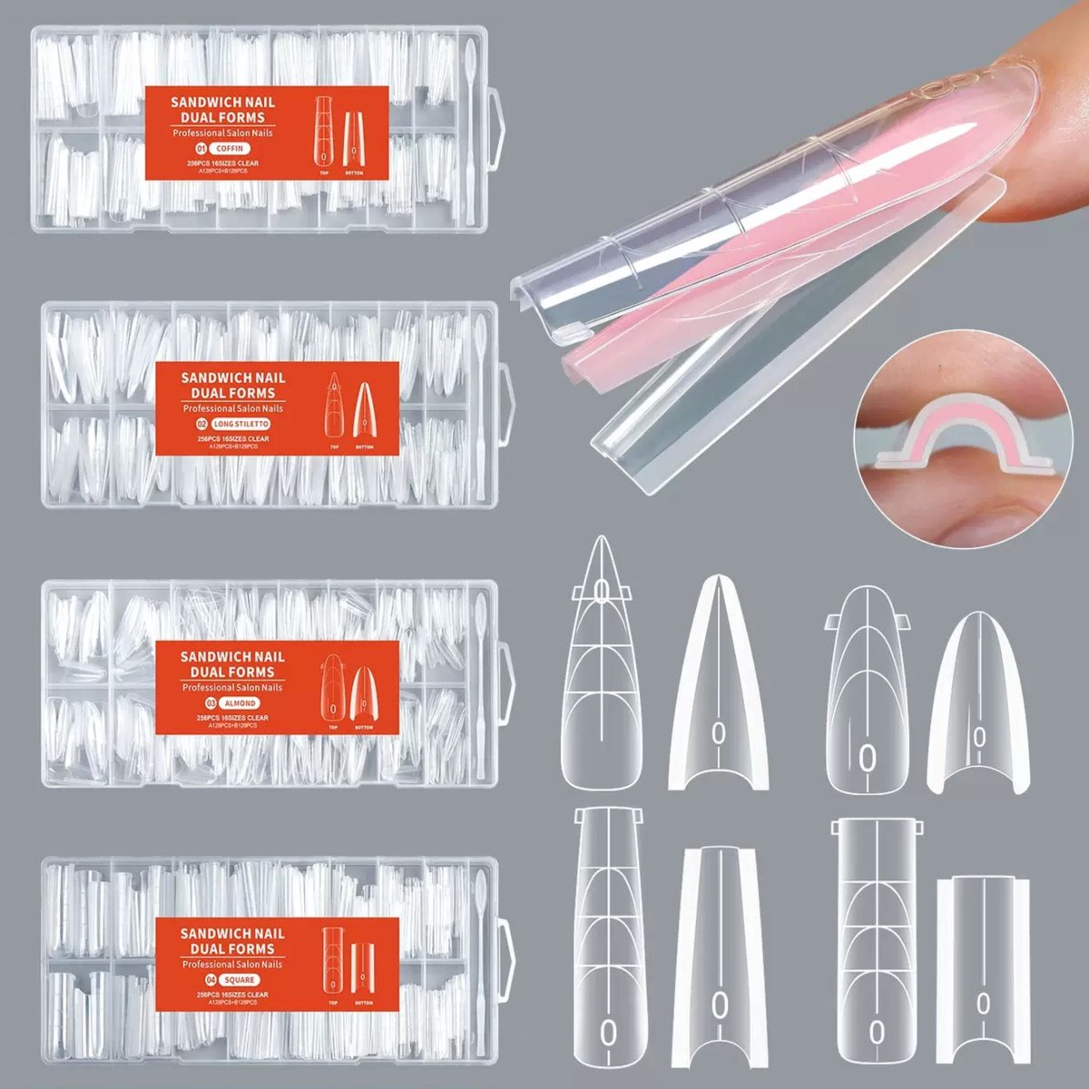 Dual Forms Nagelverlenging Set – 4x256 Stuks (1024stuks) - 16 maten Alle Nail Forms – Herbruikbare Gel Nagel Tips – Polygel & Builder Gel - polygel nagels - nagelverlenging set - gel nagels tips - acrylgel - builder gel -nagel tips herbruikbaar