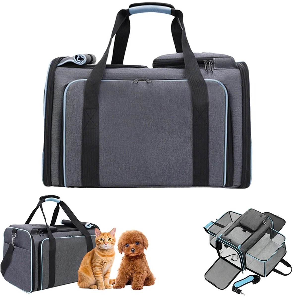 Velmio Draagtas Voor Honden/Katten - Uitklapbaar - Rugzak voor Huisdieren - Incl Uitneembaar Kussen - 48x31x30 cm - Medium - Grijs