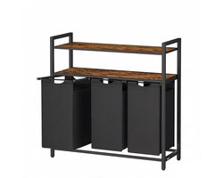 Wasmand 3-vaks kledingopslagrek met 3 uitneembare en afneembare 40L binnenzakken en 2-laags opbergplanken eenvoudig te monteren en te reinigen stevig en duurzaam metalen frame geschikt voor badkamer en wasruimte 92.5 x 33 x 92 cm bruin + zwart