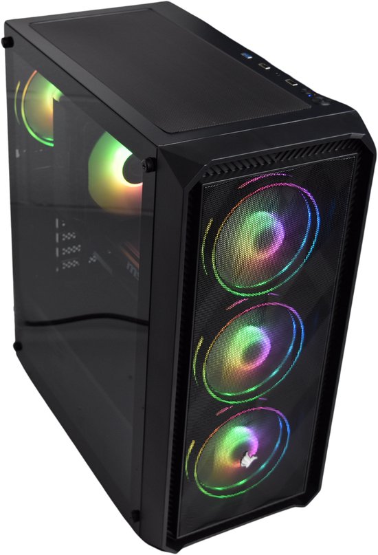 Zwarte computerkast met glazen zijkant en drie RGB-ventilatoren aan de voorzijde.