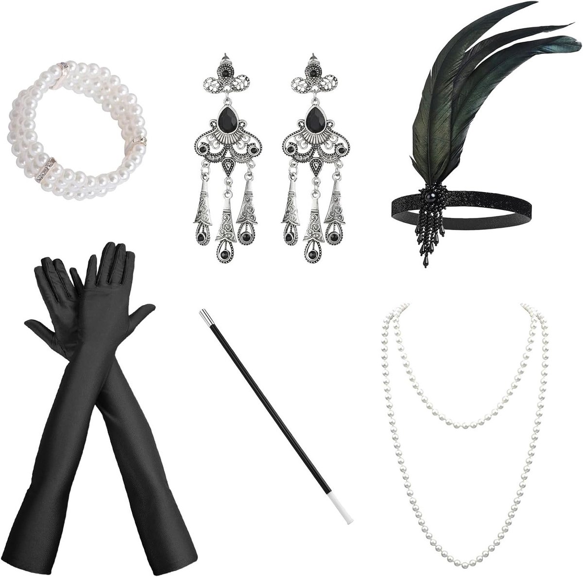 6-delige jaren '20 accessoires set voor vrouwen, inclusief hoofdband, lange handschoenen, ketting, oorbellen en armband voor themafeesten en flapperstijl evenementen