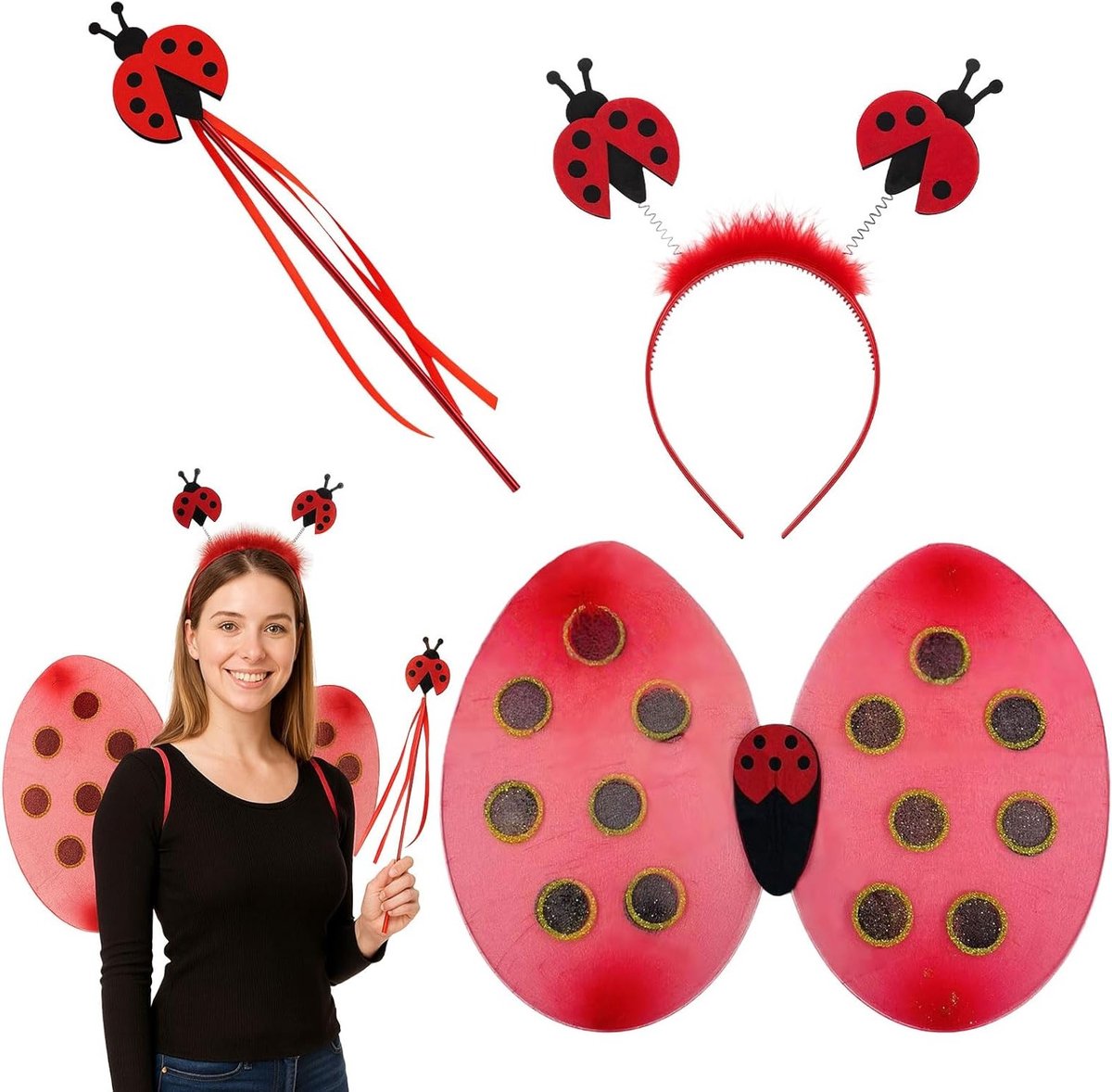 Vrouwelijk Lieveheersbeestje Kostuum Set met Vleugels voor Feestjes, Carnaval en Halloween