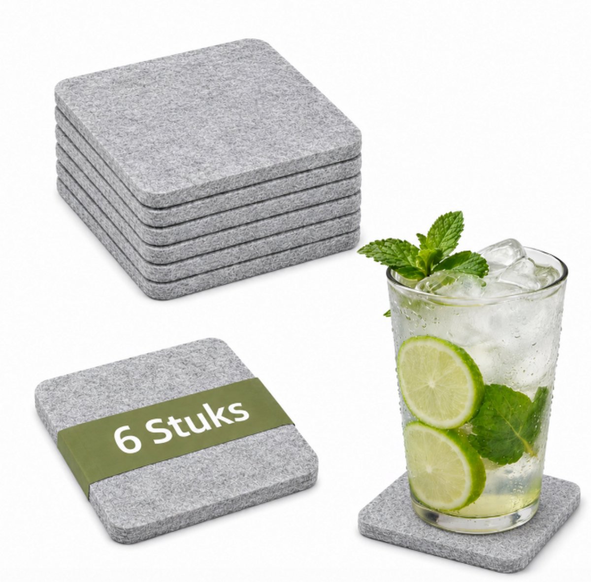 Vilten Glasonderzetters 6-delig met Houder – 10x10 cm – Grijs