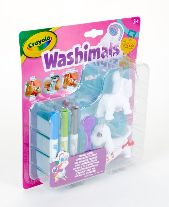 Washimals Pets! Wilbur en Figaro, twee witte hondjes om te kleuren met drie stiften en een borstel.
