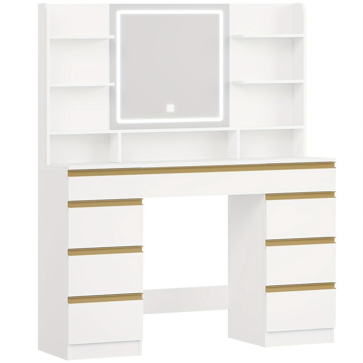 Kaptafel- Make-up Tafel- Make-up Tafel met LED-verlichting- 3 Kleuren-Spiegel- 9 Laden- 9 Open Planken- Moderne Stijl-Wit goudkleurig.