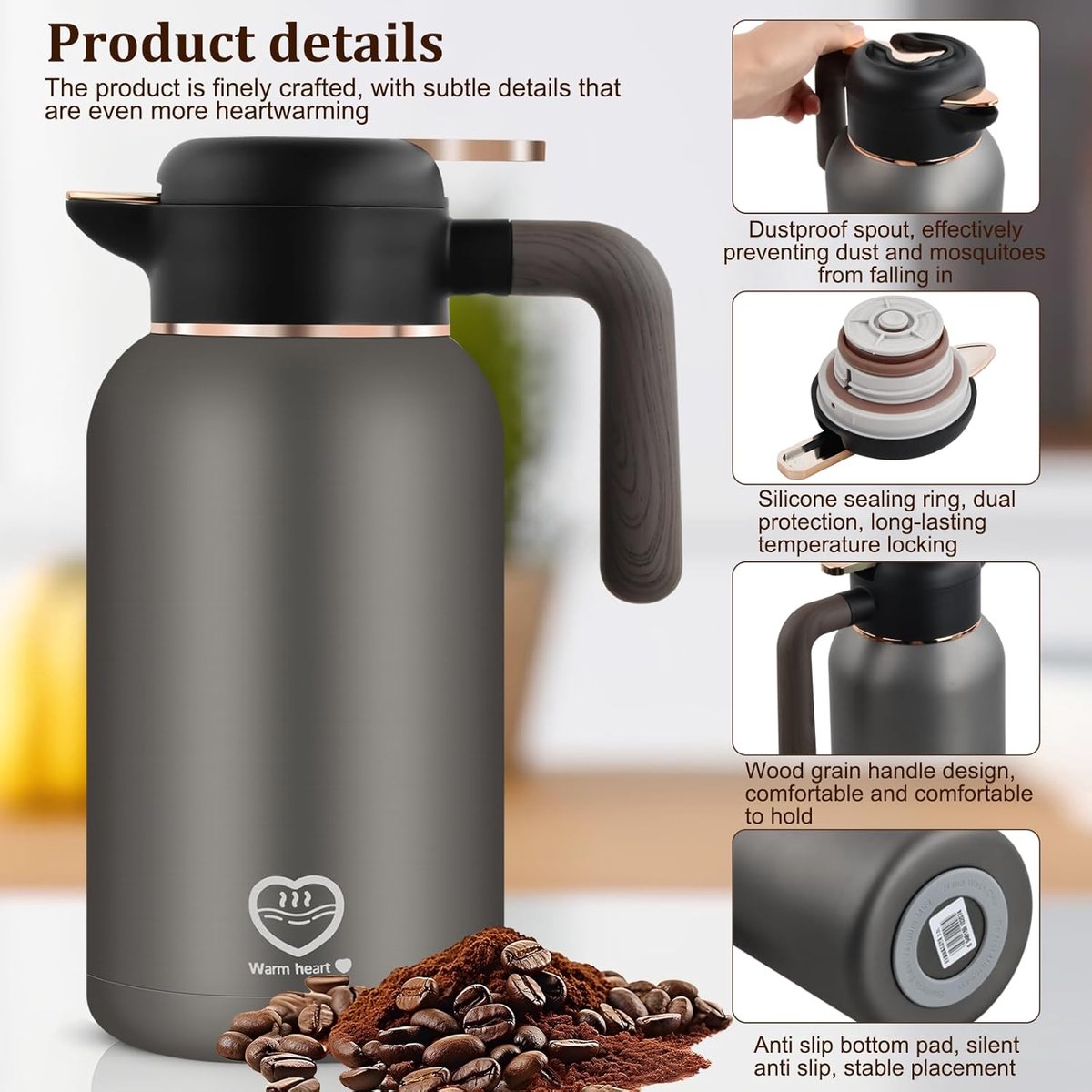 TEKROA® Thermoskan 2 Liter – RVS Isoleerkan – Koffiekan met Drukknop - Zwart - Koffie - Thee - Voor warme en koude dranken - 36u Koud / 24u Warm — cadeau in Koken & Dineren - foto 2