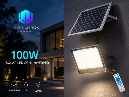 100W LED zonne-schijnwerper met zonnepaneel en afstandsbediening, 6000K daglicht, IP67.