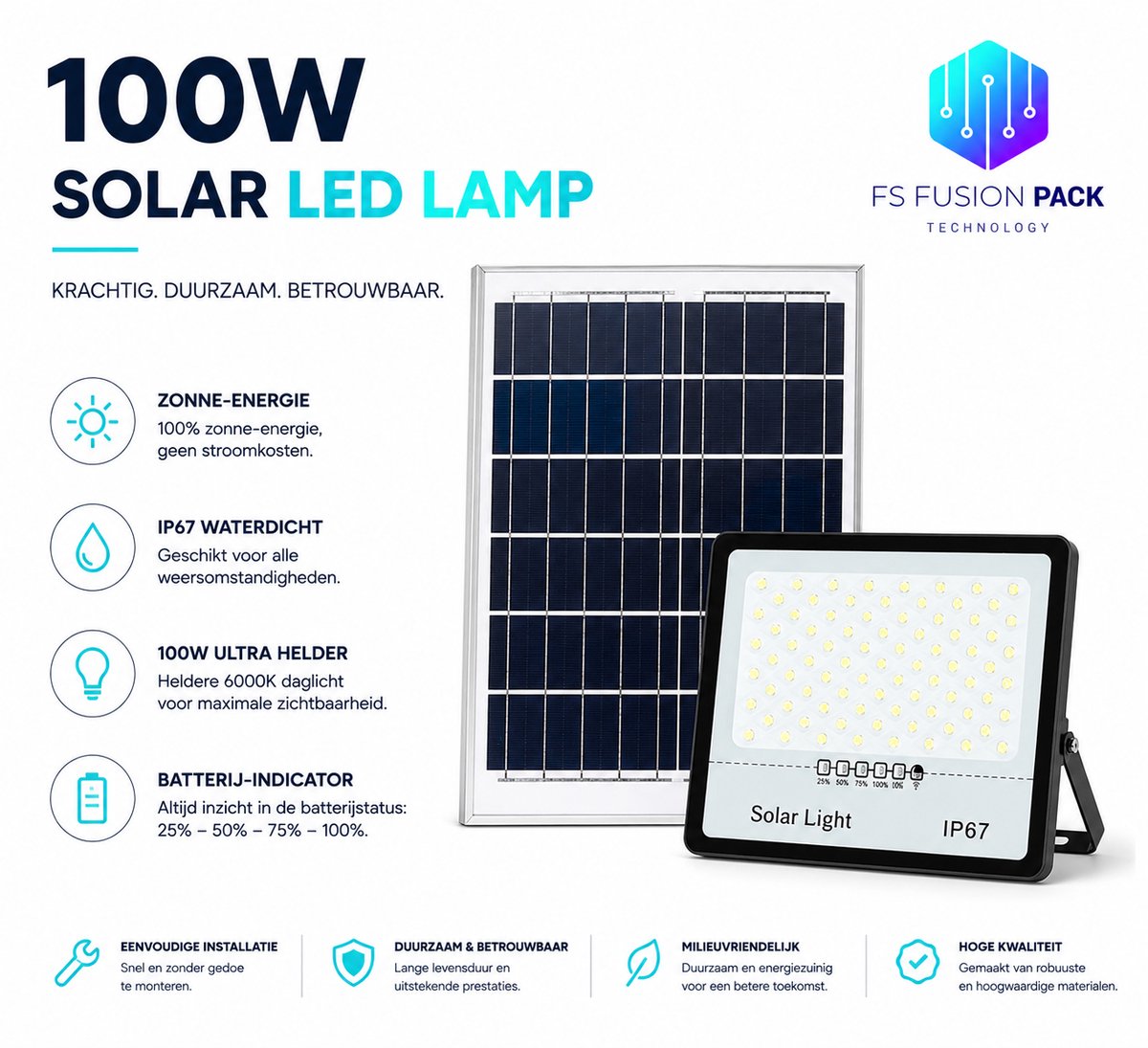 100W Solar LED Schijnwerper – Krachtige Buitenlamp – 6000K Daglicht – IP67 – Zonne-energie Duurzaam Krachtige Solar LED Schijnwerper - FS Fusion Pack 100W LED Zonne-Energie-Noodpakket- & Buitenverlichting-6000K – IP67 Waterdicht-Solar LED-2026 CE