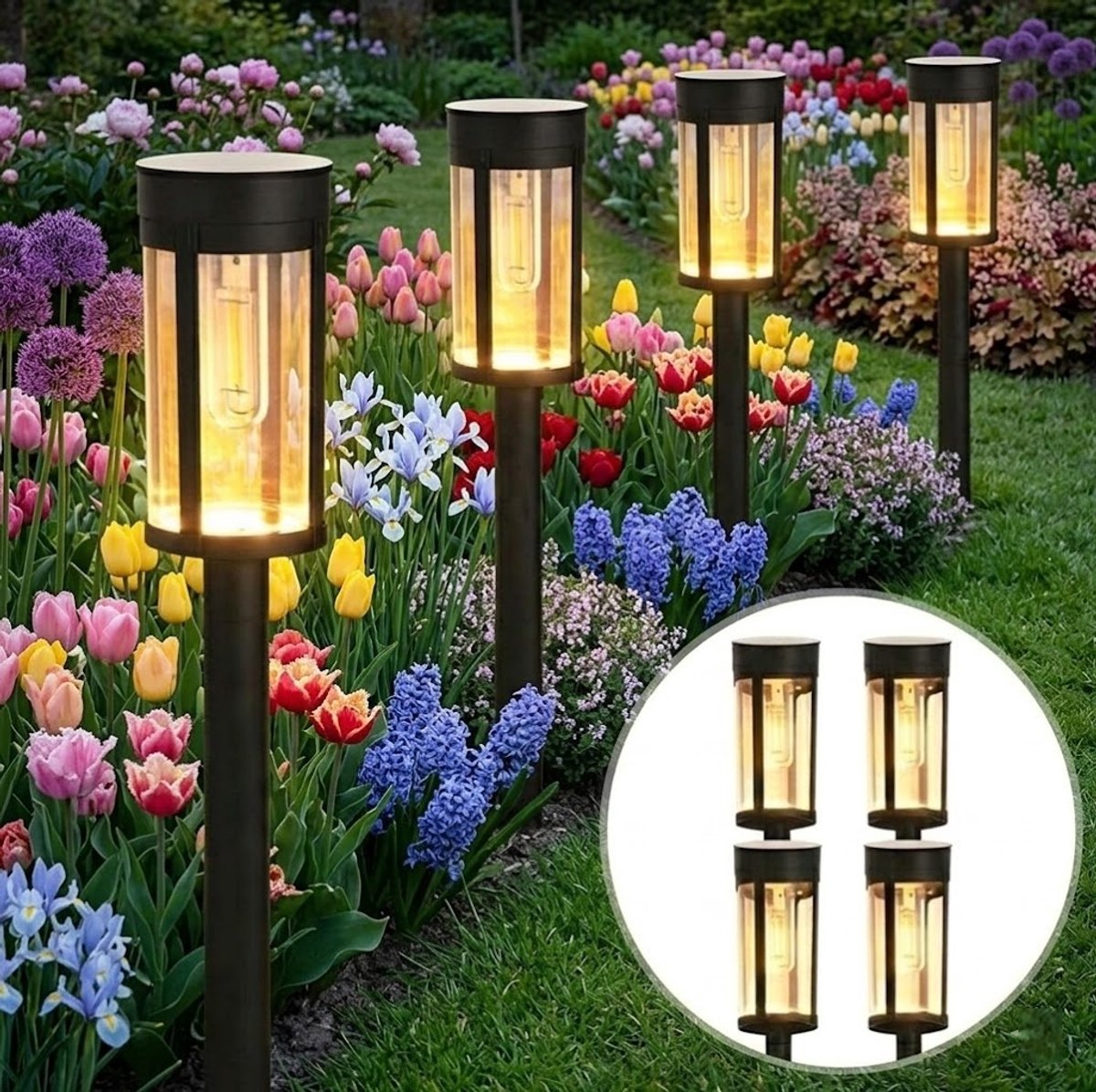 Solar priklamp - wolfraam lamp - Set van 4 stuks (7*54CM)-Padverlichting- Grondspot-buitenlampen - Priklamp op zonne-Solar Grondspots -Tuinverlichting op zonne-Zwart