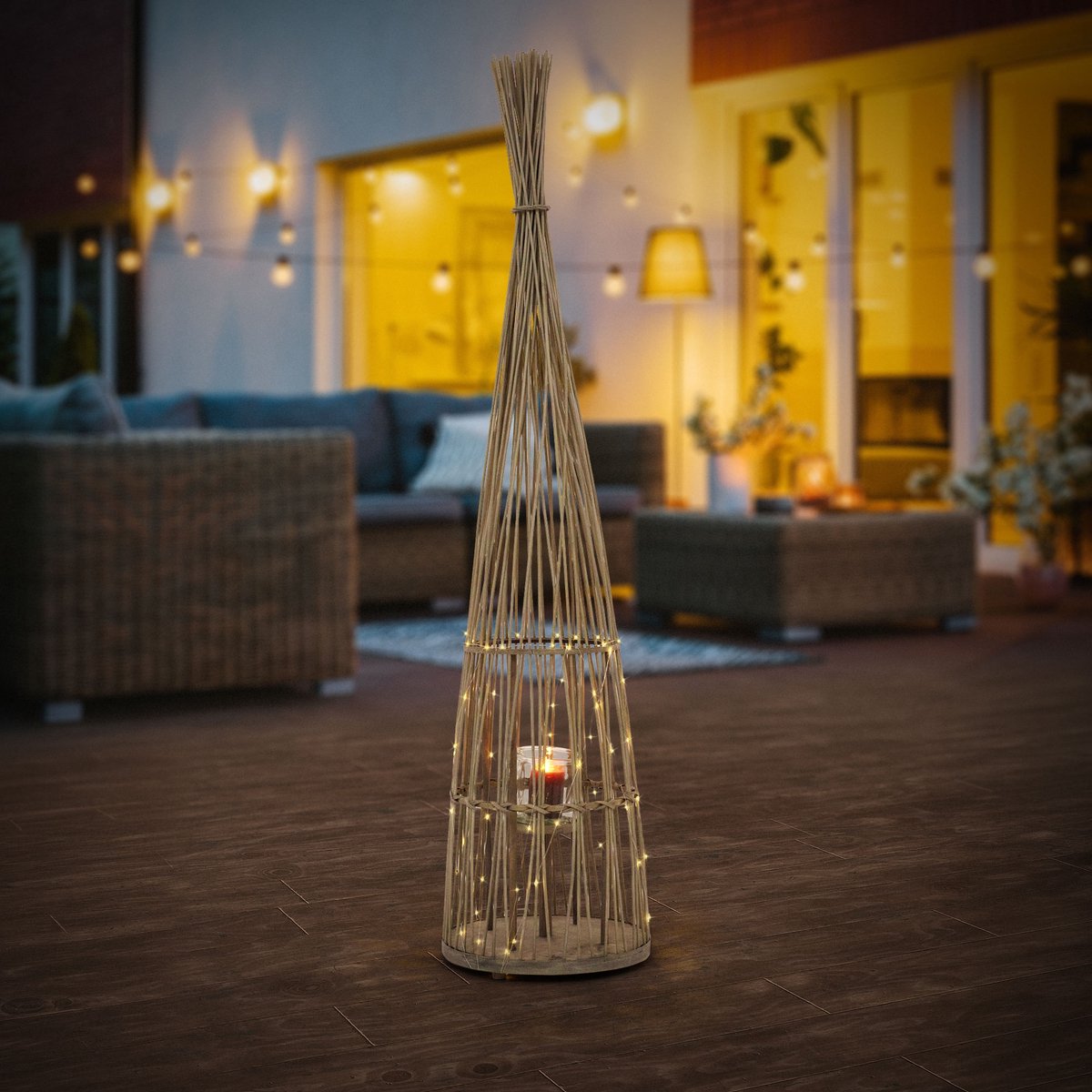ECD Germany Bamboe lantaarn decoratieve houten windlicht serie grote kaarsenhouder van 150 cm hoog, sfeervolle led lichtketting met glazen inzetstuk luxe boho stijl tuinlantaarn gevlochten look moderne decoratie voor binnen buiten terras en woonkamer — cadeau in Wonen & Interieur - foto 4