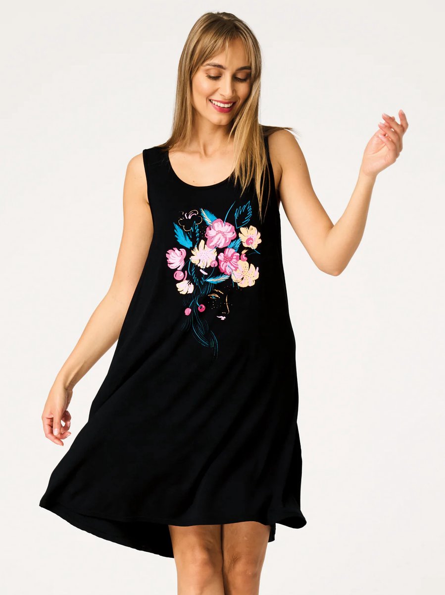 Key Bamboe Dames Nachthemd Zomer Bloemenprint Zwart Roze LND 560 36 /