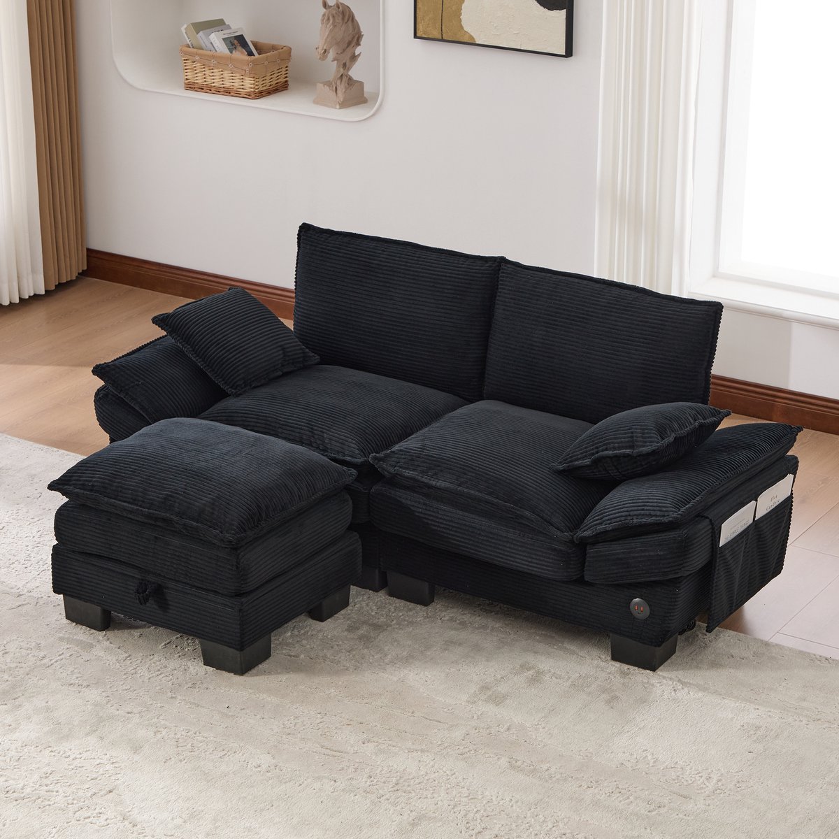 Modulaire 2-zits corduroy bank (met voetenbank) – brede zitting, ergonomisch ontwerp, vulling van schuim met hoge dichtheid, USB-C-poort en zijvakken. Ideaal voor de woonkamer, het kantoor of de lounge. Zwart