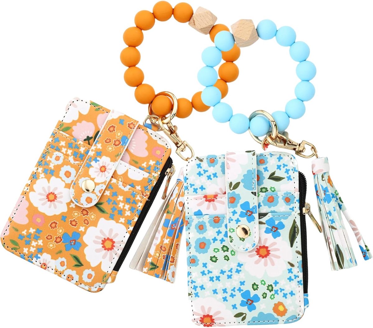 VHV-Sleutelhanger dames - Armband sleutelhanger - 2 stuks - Pasjeshouder - Portemonnee armband - Siliconen kralen - Met rits en kwastje - Voor pasjes en muntgeld - Bloemenprint - Geel + lichtblauw