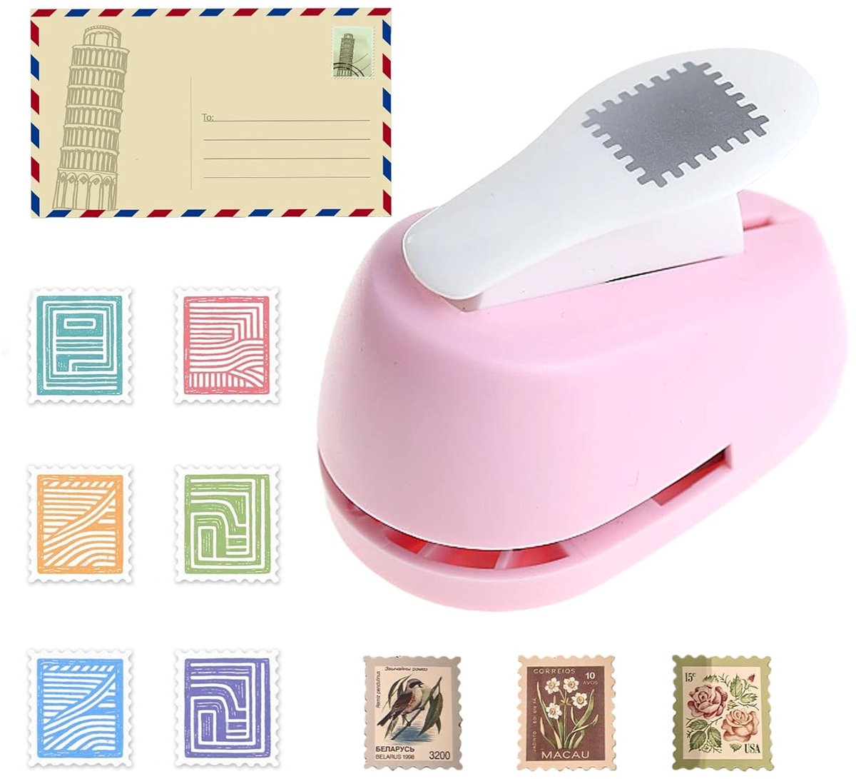 Rechthoekige postzegelpons – Papierpons met hefboommechanisme voor scrapbooking, kaarten maken, doe-het-zelf papierprojecten en knutselbenodigdheden - 2 x 1.8 CM roze | Cyslmuk®