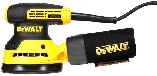 Gele DeWalt excentrische schuurmachine met zwarte handgreep en stofzak.
