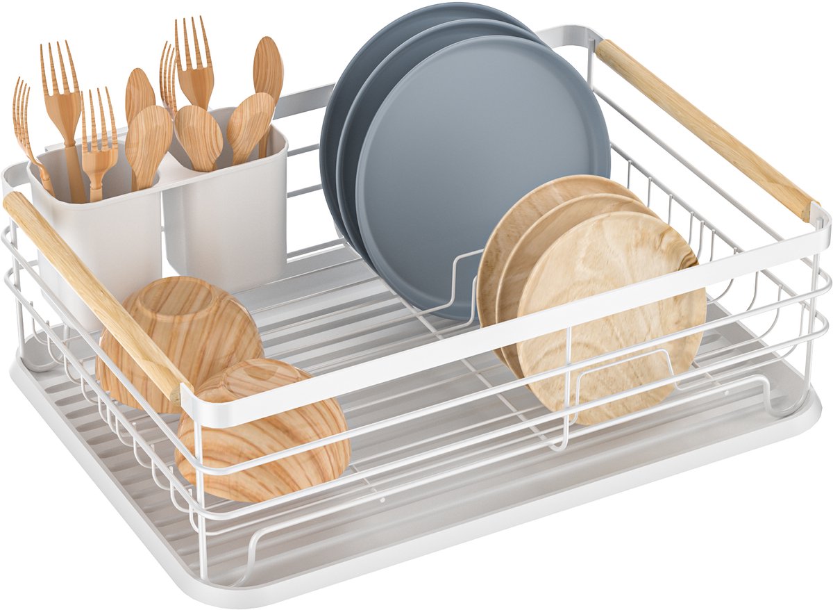 Dreamhigh® Afdruiprek met Lekbak - Afwasrek met Lekbak en Bestekhouder - Vaatwasrek - Afdruiprek voor afwas - Geschikt voor Gezinnen van 3-5 Personen - 43 x 30.5 x 14 CM - Wit
