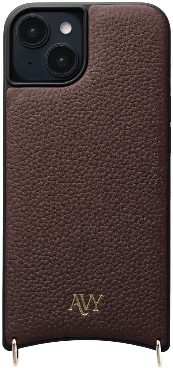 AVY Leren Hoesje | Geschikt voor Apple iPhone 15 | Compatibel met MagSafe | Leather Case | Back Cover | Haakjes voor koord | Chocolate