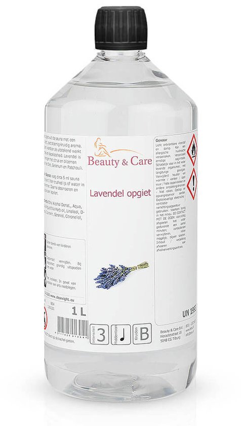 Transparante fles met zwarte dop, Beauty & Care Lavendel opgiet concentraat.