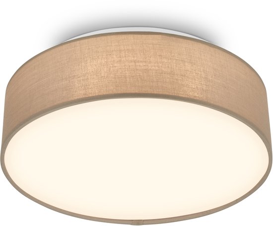 Ronde taupe stoffen lampenkap met witte diffuser eronder, gemonteerd aan een wit plafond.