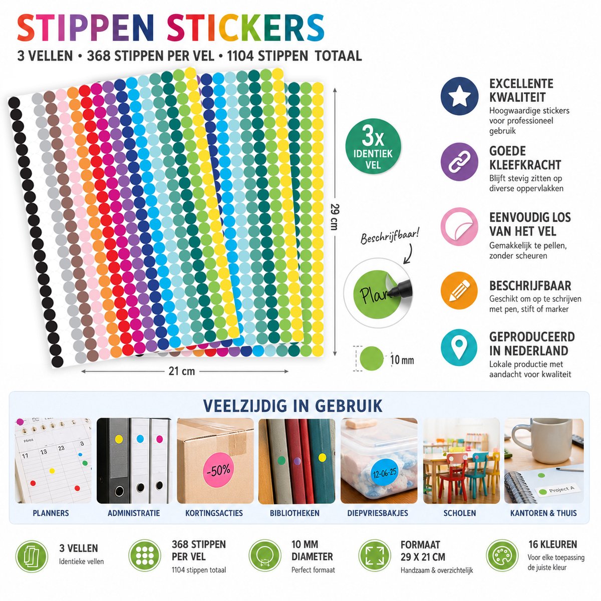 Stippen Stickers – 1104 Label Stickers 10 mm in 16 Kleuren - Markeringspunten — afbeelding 5