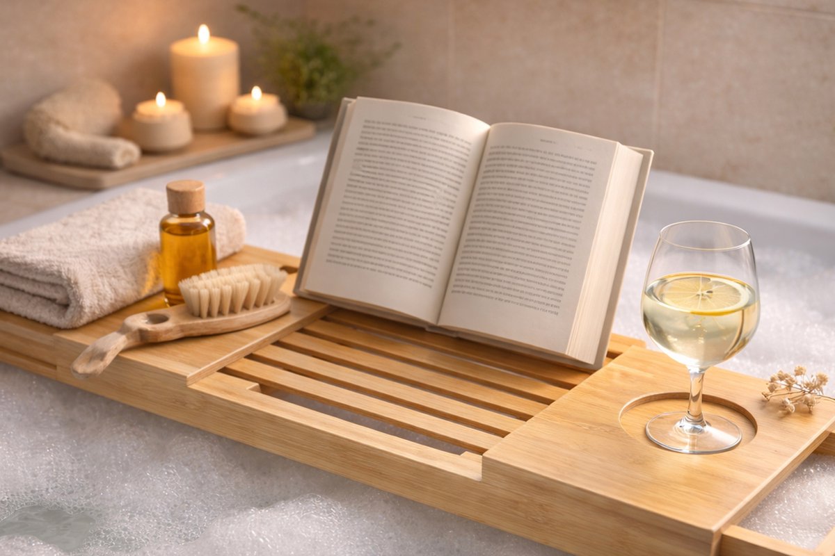 Verstelbare Relax Badplank - Badrek 50-92 x 18 x 4 cm - Bad Plank Bamboe met Boekensteun en Tablethouder - Incl. Bekerhouders - Wijnglashouder - Badrekje voor Bad - Badkamer Accessoires