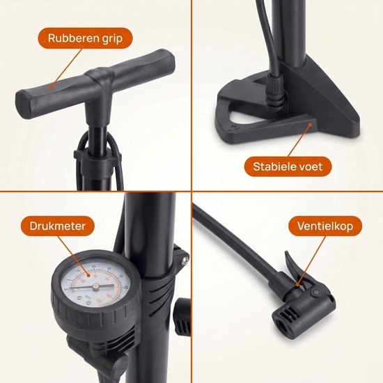 Cheqo® Fietspomp Staand - Vloerpomp met Manometer en Drukmeter - Geschikt voor Alle Ventielen - Dunlop Ventiel - Presta Ventiel - Schrader Ventiel - Hogedruk Pomp - Dubbele Ventielkop - Ballenpomp - Luchtpomp - Fietsaccessoires - Zwart — afbeelding 4