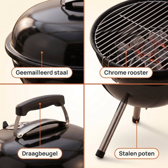 Cheqo® Kogelbarbecue - Houtskoolbarbecue met Deksel - Draagbare Barbecue - BBQ - Kogelgrill - Ketelbarbecue - Compact - voor Tuin, Terras en Balkon - Outdoor - Camping en Picknick - Barbeque - Houtskool BBQ - Grillrooster - Zwart van Cheqo — afbeelding 5