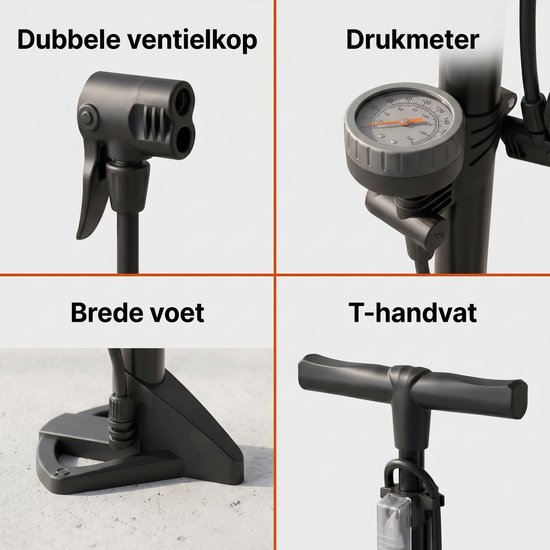 Cheqo® Fietspomp Staand - Vloerpomp met Manometer en Drukmeter - Luchtpomp Fiets - Bandenpomp - Hoge Druk - Hollands Ventiel - Frans Ventiel - Autoventiel - Fietsbanden Oppompen - Racefiets - MTB - Stadsfiets - Dubbele Ventielkop — afbeelding 4