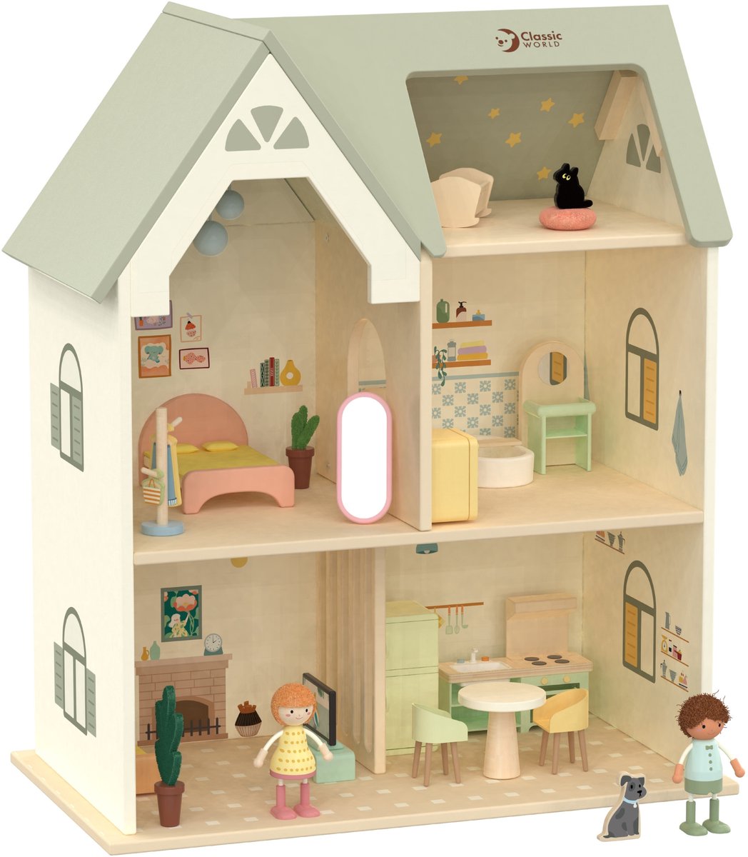 Classic World houten poppenhuis cottage met meubels en accessoires.
