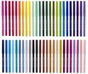 Twee rijen met 50 Bruynzeel viltstiften in alle kleuren van de regenboog.