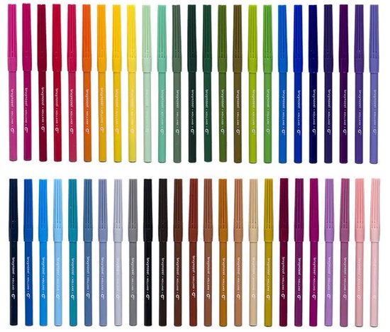 Twee rijen met 50 Bruynzeel viltstiften in alle kleuren van de regenboog.