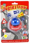 Rode fietsbel met blauwe zwaailichtkoepel, met de tekst BRANDWEER. Verpakt met verkeersborden.