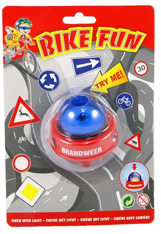 Rode fietsbel met blauwe zwaailichtkoepel, met de tekst BRANDWEER. Verpakt met verkeersborden.