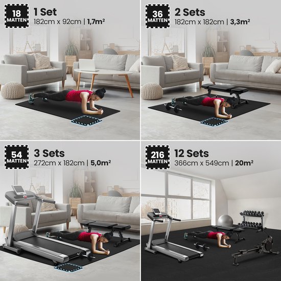 Vier scènes: een vrouw op een mat voor fitness, een mat voor een trainingsbank, een mat onder een loopband en een mat in een garage.