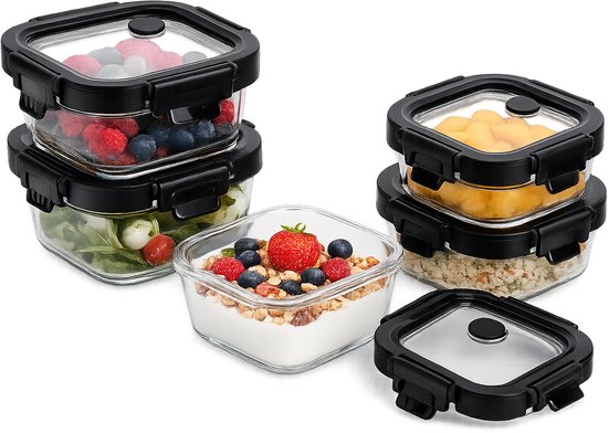Lot de 5 boîtes de conservation en verre - Petites boîtes de préparation de repas 320 ml - Boîtes à snacks en verre avec couvercle - Boîte à lunch - Couvercle noir