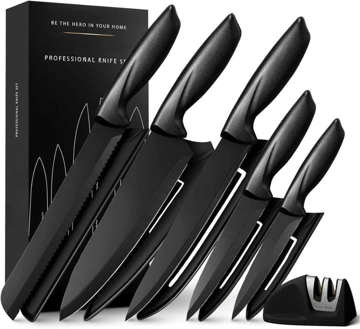 Fabono Keukenmessenset 11-delig – Zwart RVS Hoge Koolstof Staal – Professionele Koksmes Set met Antiaanbaklaag & Ergonomische Handgrepen – Inclusief Slijper & Beschermhoezen