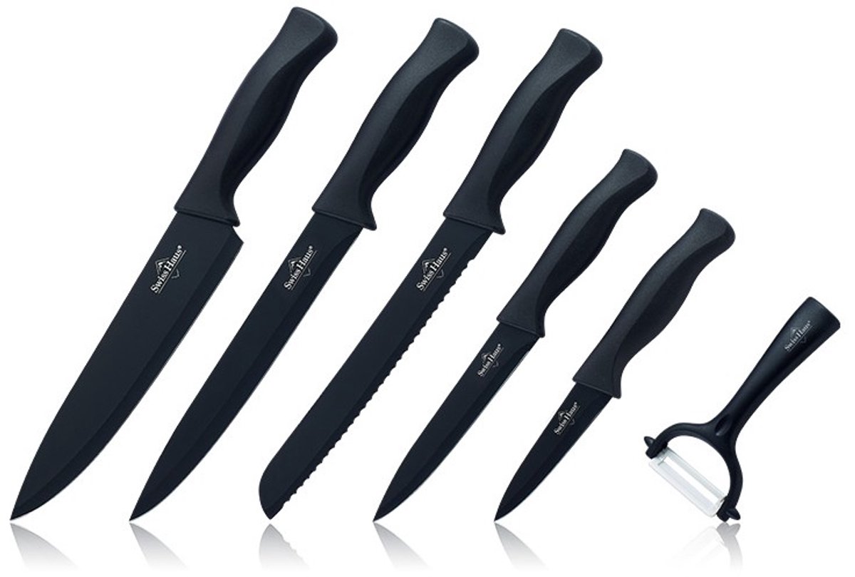 Swiss Haus® KS6B Messenset - 6 Delig Professionele Koksmessen Set met Broodmes, Koksmes, Vleesmes & Dunschiller – Antiaanbaklaag – Inclusief Geschenkdoos - Zwart