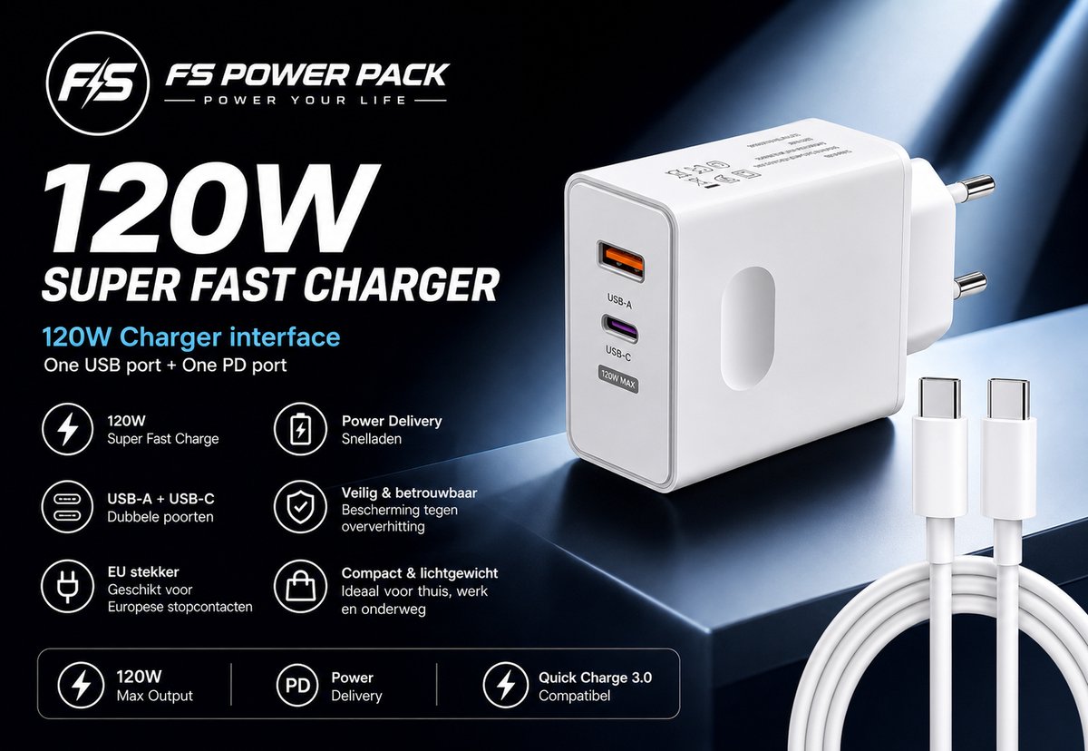 120W Super Fast Charger –120W+Kabel- USB-C + USB – FS Power Pack 120W Snellader-Power Delivery & Quick Charge 3.0 – Supersnel Opladen iPhone / Samsung / Android / Tablet / Laptop – Veilig & Compact – – EU Stekker – USB-C + USB – PD & QC 3.0 – – Wit