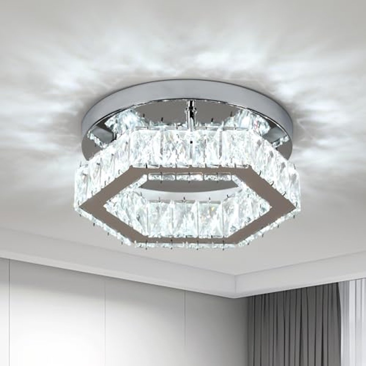 Haobosic LED Plafondlamp - Hexagon Kristal Design - 26cm - Dimbare 3 Lichtkleuren 3000/4500/6500K - Chroom - Modern Luxe - Voor Woonkamer Slaapkamer
