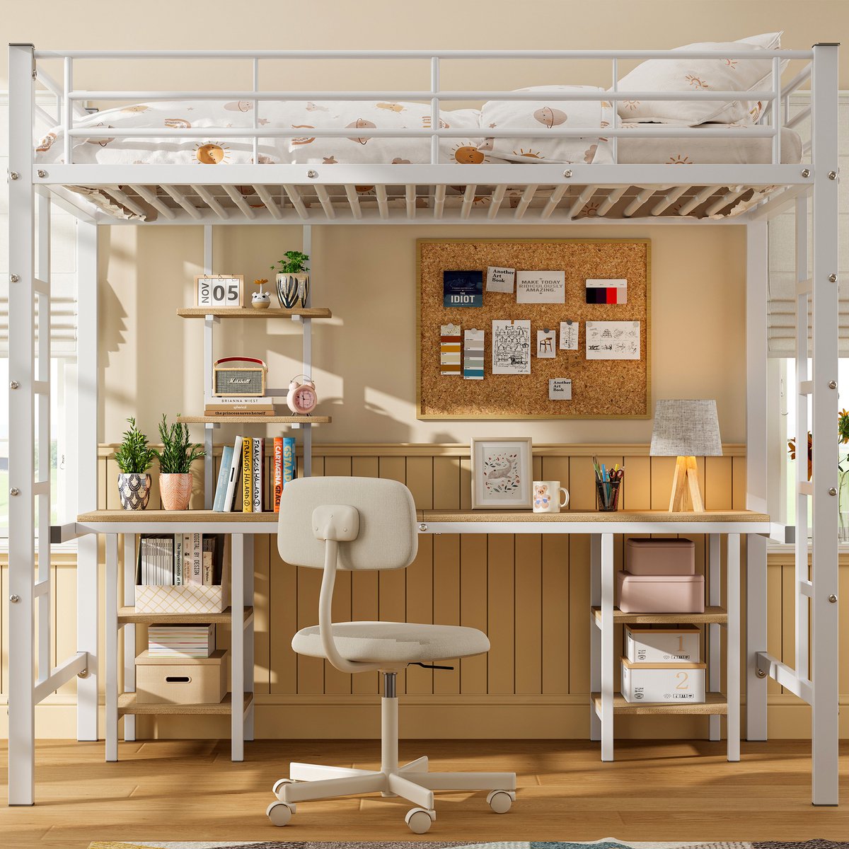 Zubaliya Etagenbett 90x200 cm Weiß - Eisenrahmen mit Tisch, Regalen, Leiter & EN747 Zertifizierung Wit