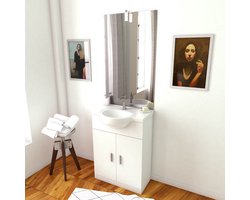 Meuble salle de bain blanc 60 cm sur pied + vasque ceramique blanche + miroir applique led