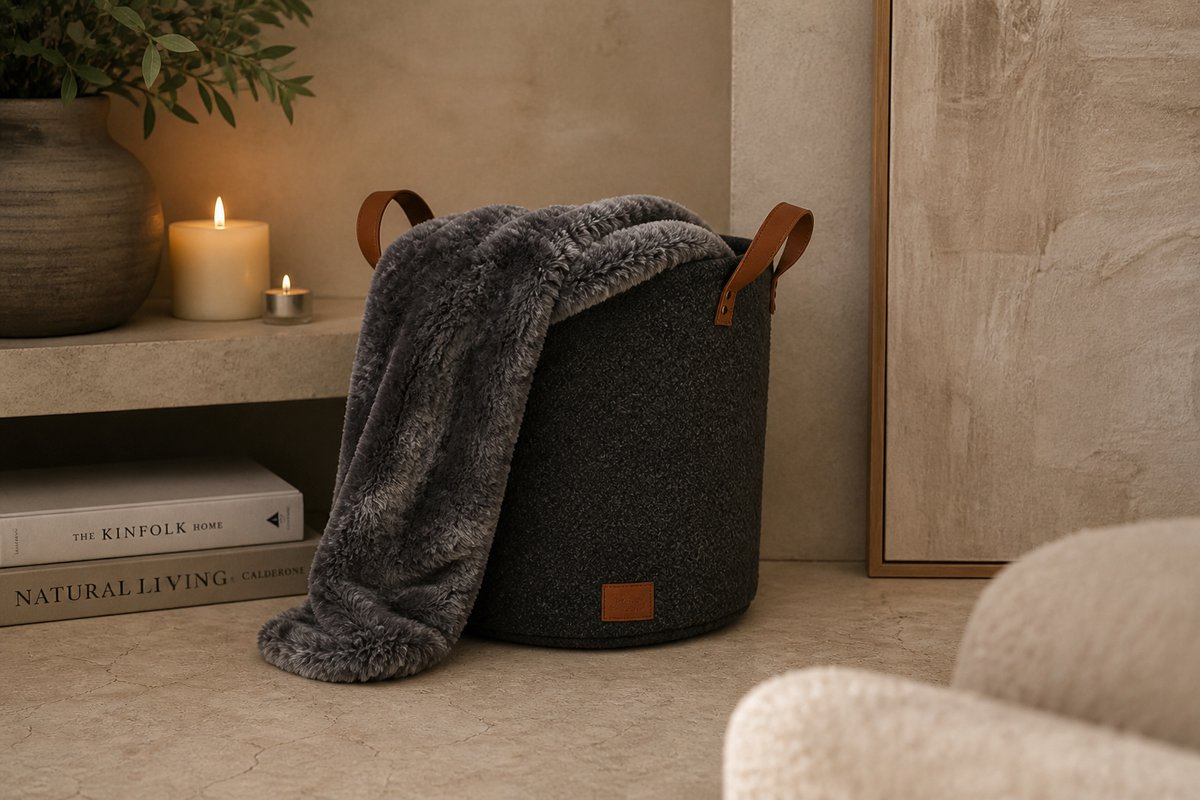 Jens Living Bouclé - Opbergmand & Woondeken Set - Antraciet Mand met Grijze RPET Fishbone Plaid - Stijlvolle Woonaccessoires - Duurzaam & Zacht — cadeau in Wonen & Interieur - foto 2