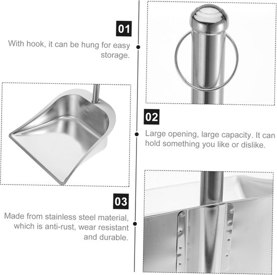 Veegschep met steel - Stoffer en blik - Huis schoonmaken - Ergonomische grip - Grote schep - Zilverkleurig — afbeelding 3