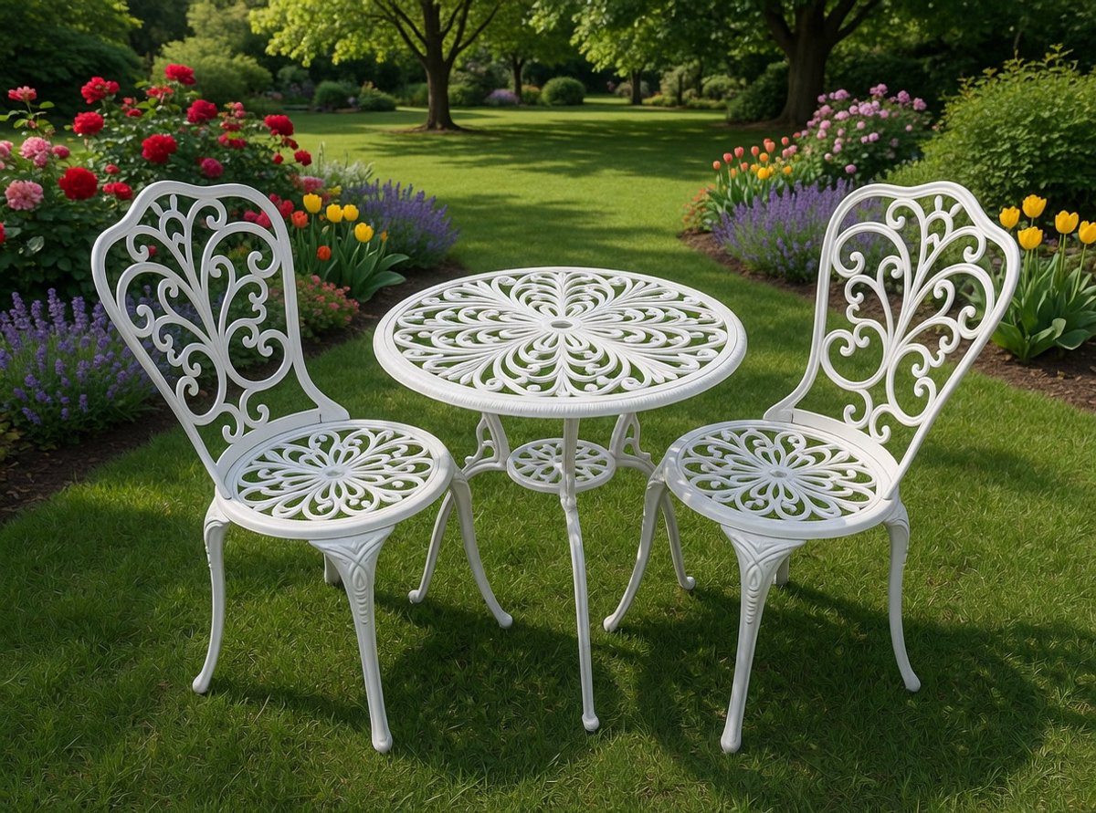 Luxe Bistro Tuinset 3-delig met Parasolgat – Aluminium Balkonset voor 2 Personen – Antiek Design Wit-Brons – Compacte Tuinset voor Balkon & Terras – IndustroHome