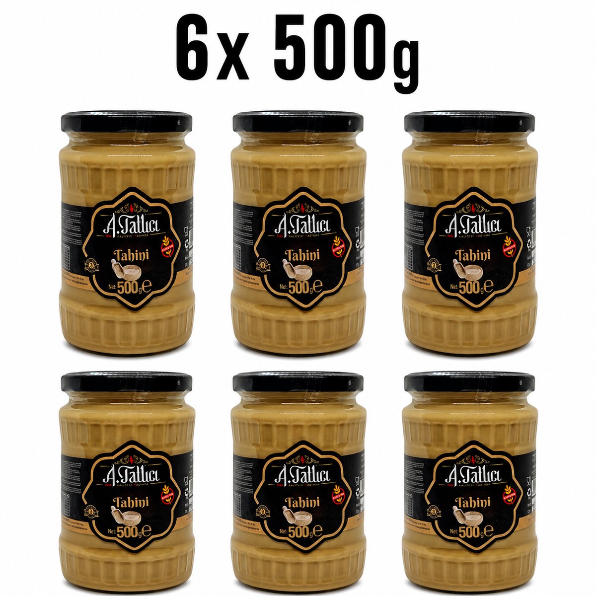 Abdurrahman Tatlici Tahin 100% Sesampasta – Glutenvrij Tahini & Zonder Toevoegingen – 6x 500g Glazen Pot | Rijk aan Calcium & Plantaardige Eiwitten
