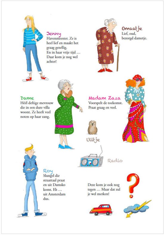 Illustratie met zeven figuren: Jenny, Dame, Roy, Oma, Madam Zaza, Viltje, en een radio.