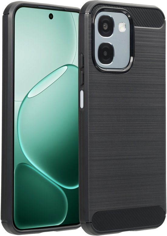 Coque arrière noire brossée avec détails en fibre de carbone pour Oppo A6 (5G), avec une partie de l'écran visible.