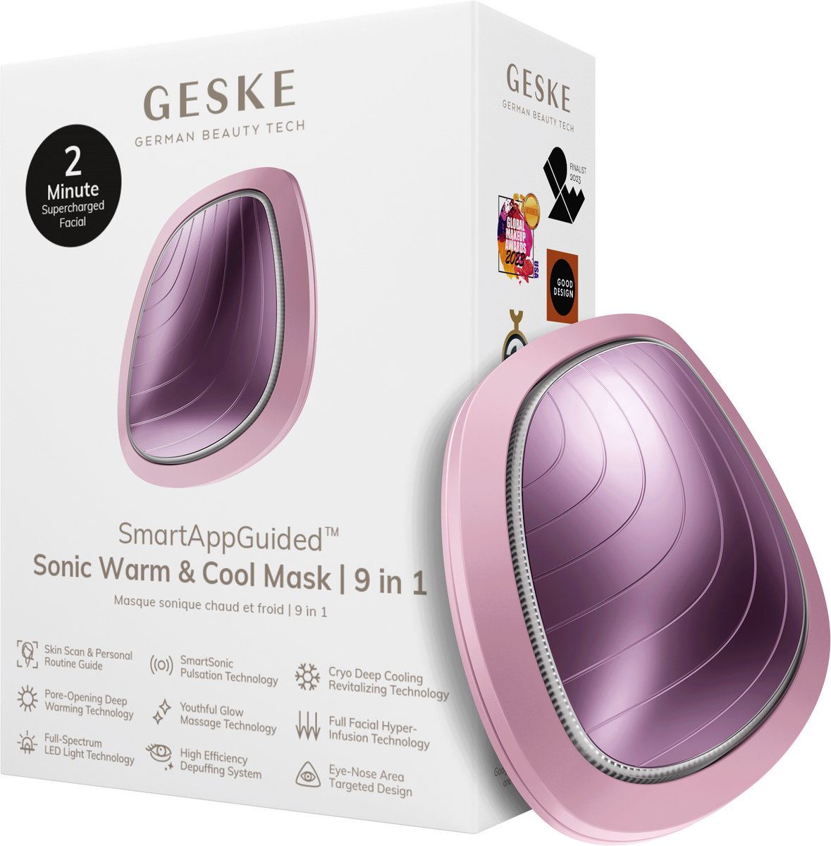 GESKE | SmartAppGuided™ Sonic Warm & Cool Mask | 9 in 1 | Beauty LED-gezichtsmasker | Volledig LED-spectrum en roodlichttherapie | Warmte | Koeling | Verhoogde inname van gezichtsverzorging