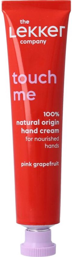 Heldere rode tube handcrème van The Lekker Company met de tekst 'touch me' en 'pink grapefruit'. Paarse dop.